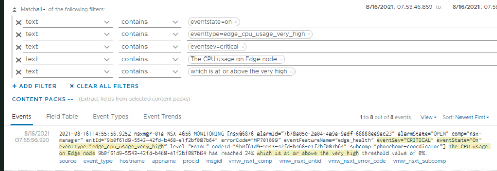 Simple vRealize Log Insight query filtering for NSX-T alert 'Edge CPU Usage Very High'