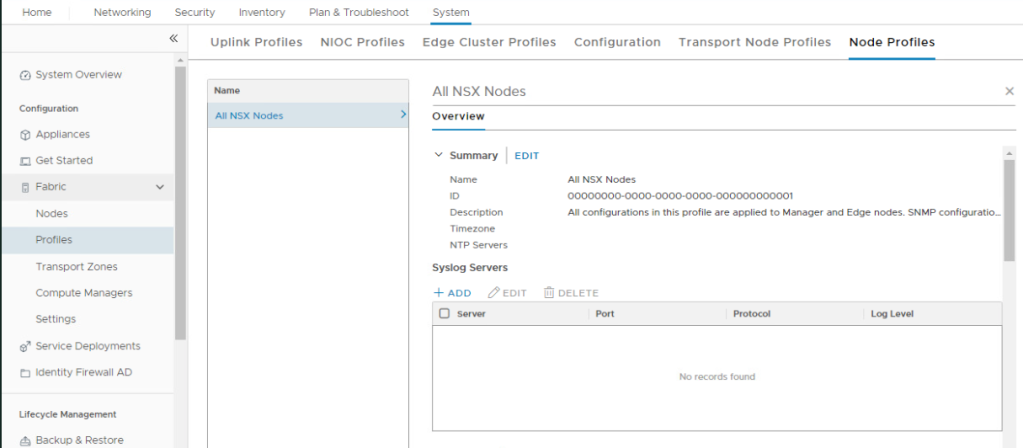 Screenshot of NSX-T Manager showing global node profiles for syslogging.